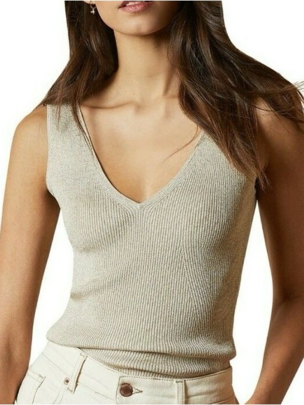 Ted Baker -NIYALIA -Skinny V-neck Ribbed Tank- Natural - Size 1